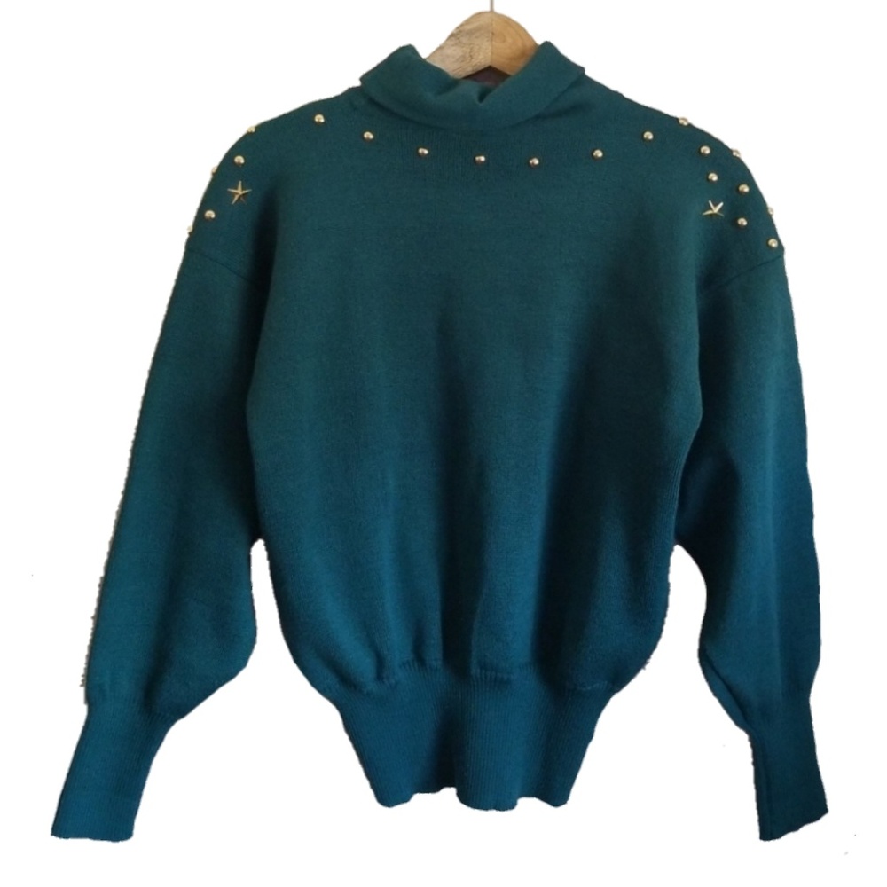 Vintage Meister sweater gold star cowl neck green